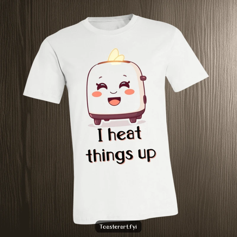 Funny t-shirt depicting a delighted toaster character glowing warmly with a friendly smile, radiating positive energy.