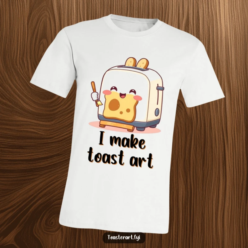 Funny T-shirt with a happy toaster artistically painting pictures using toast, depicting a humorous and food-themed art creation.
