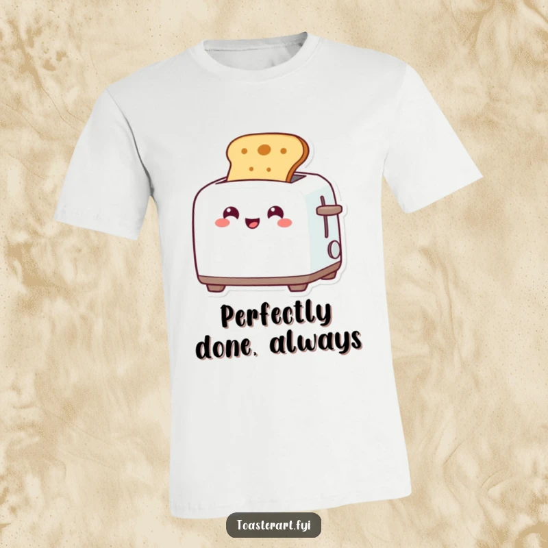 Funny t-shirt featuring a grinning toaster character enthusiastically popping up golden brown toast, celebrating the perfect breakfast.