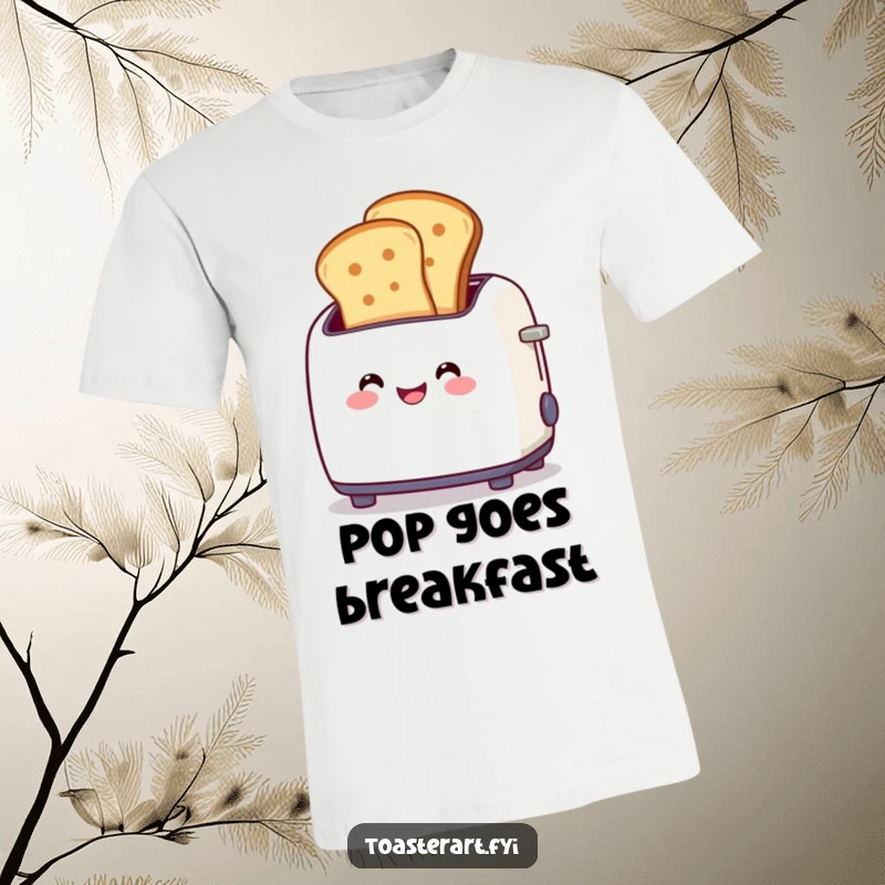 Funny t-shirt graphic of a smiling toaster character joyfully ejecting two golden-brown toast slices, embodying breakfast cheer.
