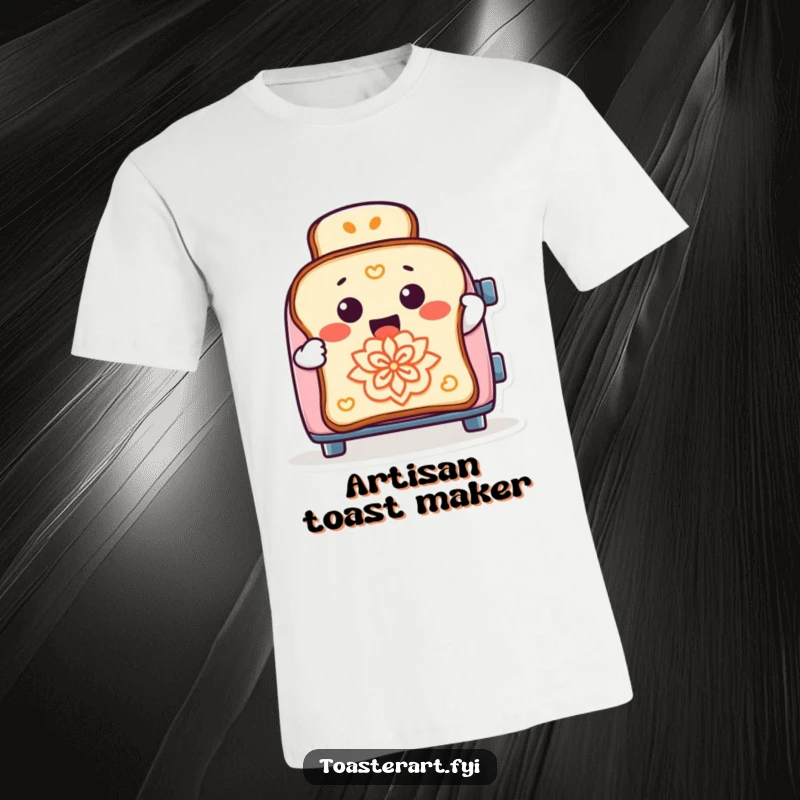 Funny t-shirt featuring a cheerful toaster character creating intricate designs on toast, a humorous depiction of culinary art.