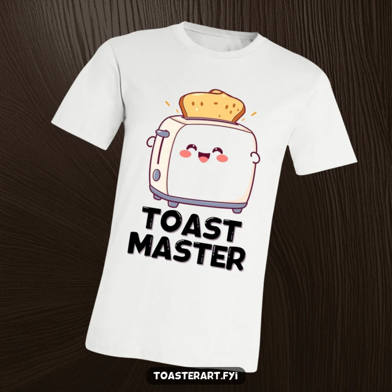 Funny t-shirt depicting a delighted toaster character launching perfectly browned toast. A celebration of breakfast.