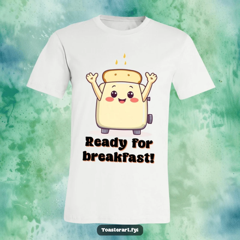 Funny toaster character with toast arms waving happily, a humorous t-shirt design for breakfast lovers.