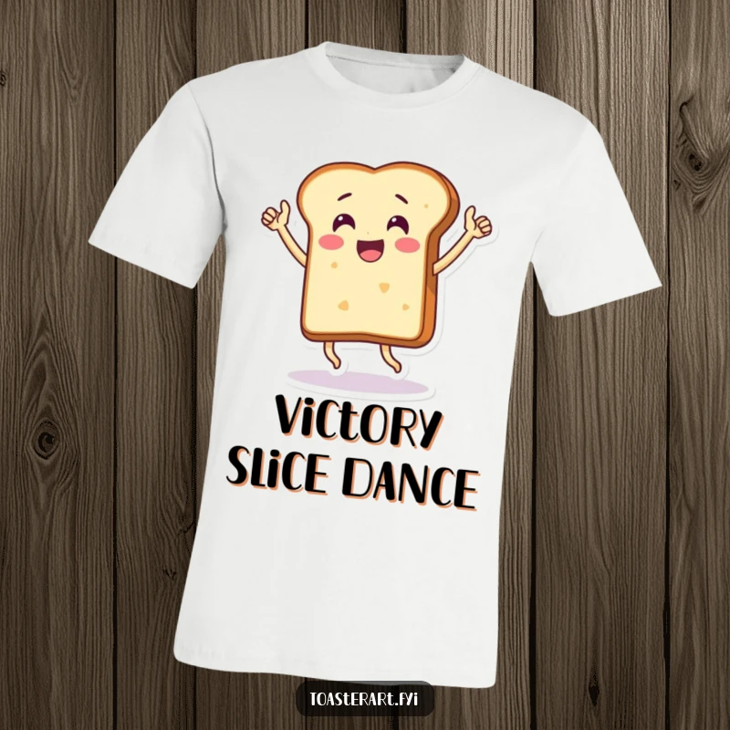Funny t-shirt featuring a thrilled bread slice character performing a dynamic victory dance, an energetic graphic.