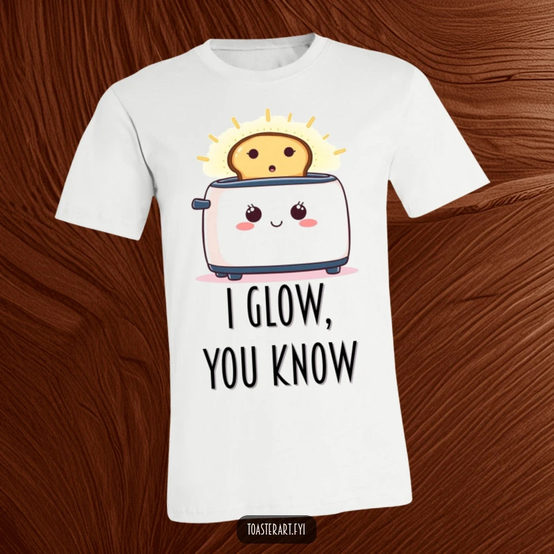 Funny t-shirt graphic of a happy toaster with toast creating a bright, glowing aura, symbolizing breakfast perfection.