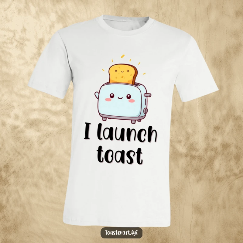 Funny kawaii toaster character launching golden toast high into the air, a playful and funny t-shirt.