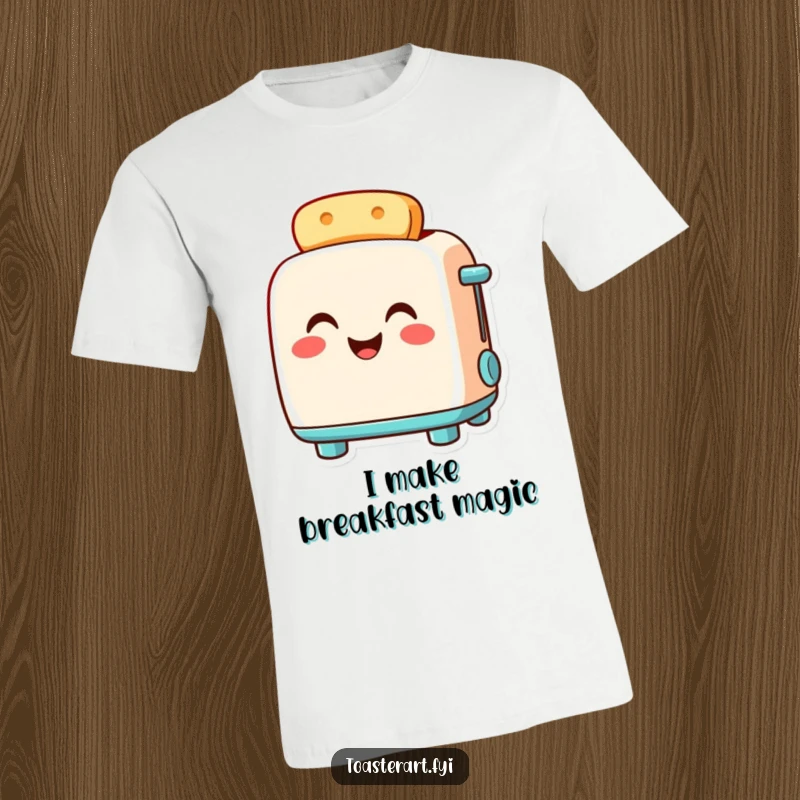 Funny toaster t-shirt boasting a smiling toaster character radiating warmth and pride, a comical wearable statement piece.