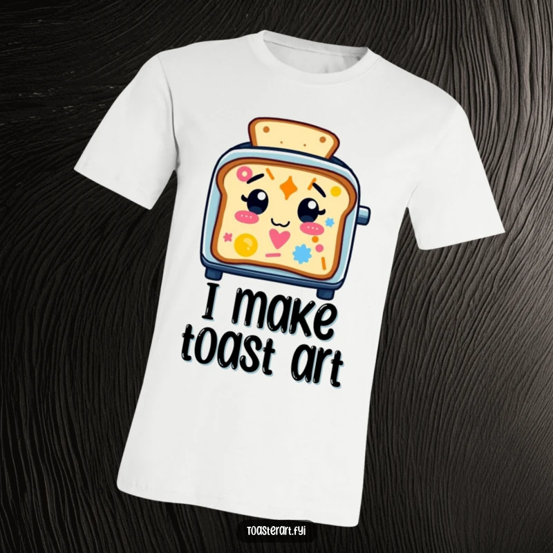 Funny T-Shirt showcasing a smiling toaster character intently making colorful, abstract patterns on slices of toast, a fun food art design.