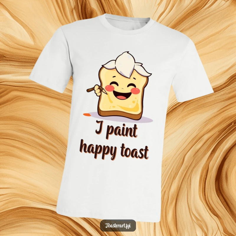 Funny T-Shirt depicting a happy art brush character painting a smiley face on toast, a creative and humorous food art design.