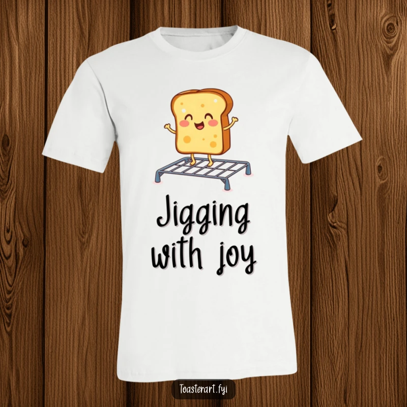 Funny t-shirt with a cheerful toast character doing a jig on a toasting rack, symbolizing morning fun and energy.