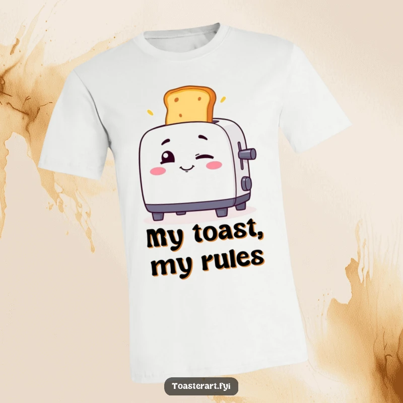 Funny toaster winking as toast flies out, a humorous and action-packed t-shirt design.