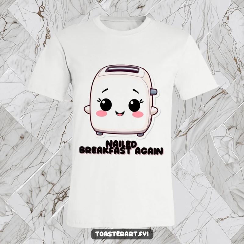 Funny T-Shirt: A toaster character beams with pride, showcasing a triumphant and accomplished spirit.