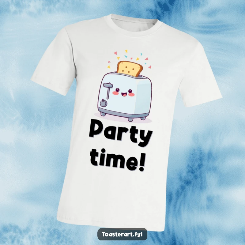 Funny t-shirt depicting a happy toaster character ejecting toast amidst a vibrant confetti explosion, a celebratory breakfast design.