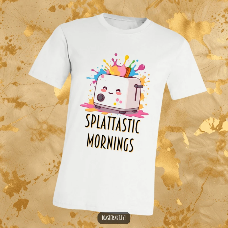 Funny t-shirt graphic of a smiling toaster artistically splattering colorful paint, embodying creative energy.