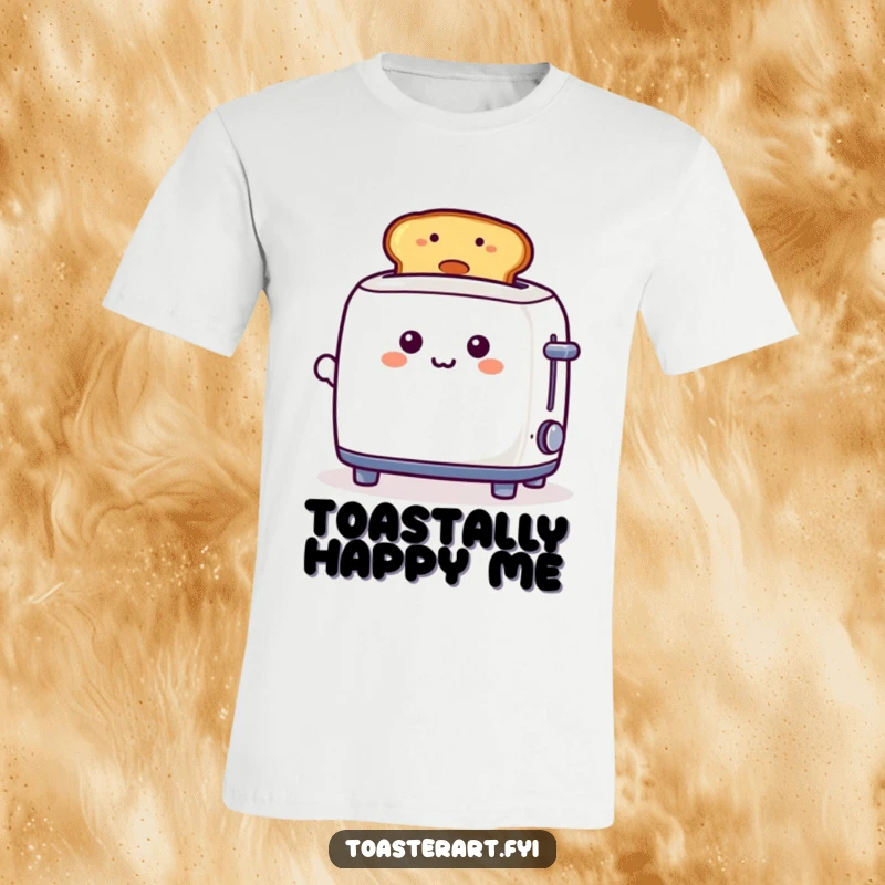 Funny, playful toaster character holding up a toast with a smiley face on a t-shirt, showcasing breakfast humor.