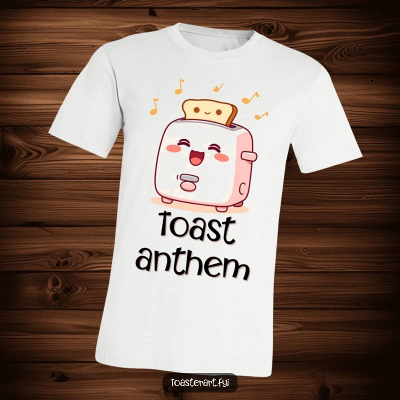 Funny T-Shirt with a happy singing toaster character and rhythmically popping toast, a joyfully musical breakfast graphic.