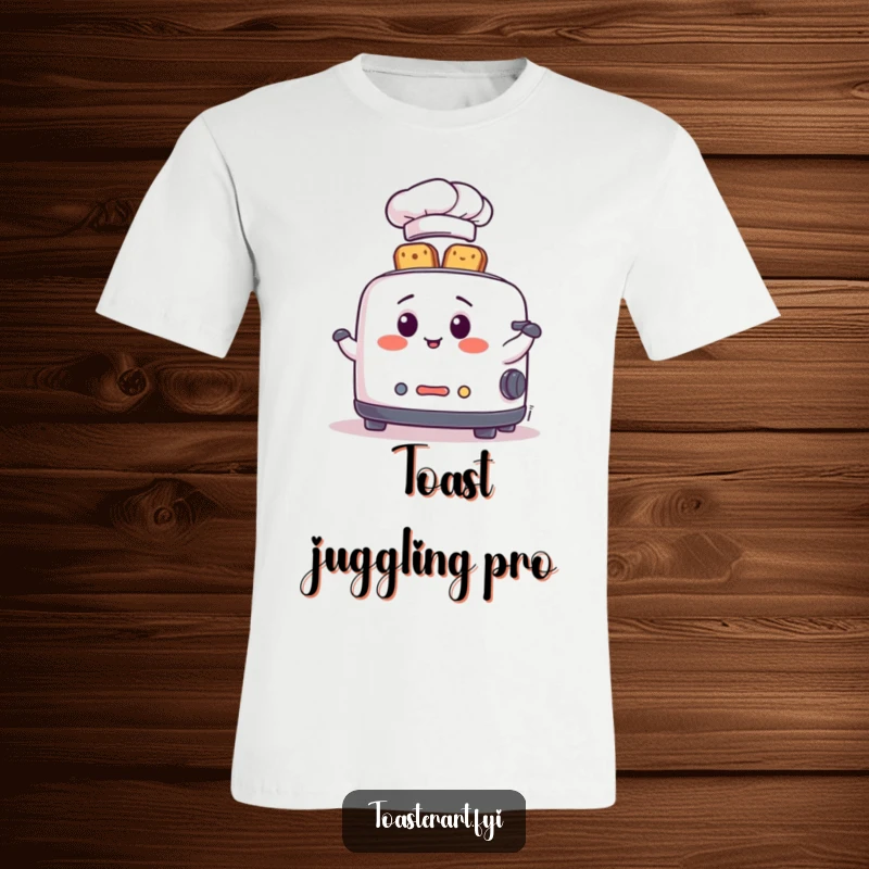 Funny T-Shirt with a delightful chef toaster character in a hat, impressively juggling multiple toast slices with comedic skill.