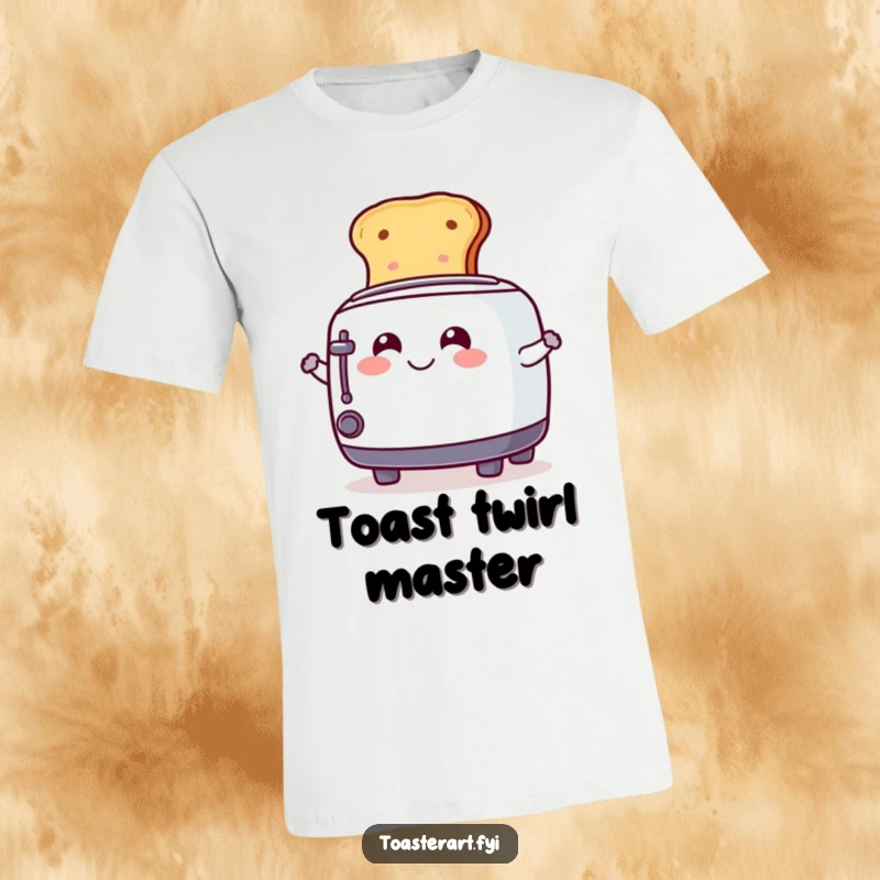 Funny T-Shirt depicting a cheerful toaster character playfully spinning a slice of toast with a wide, happy smile.