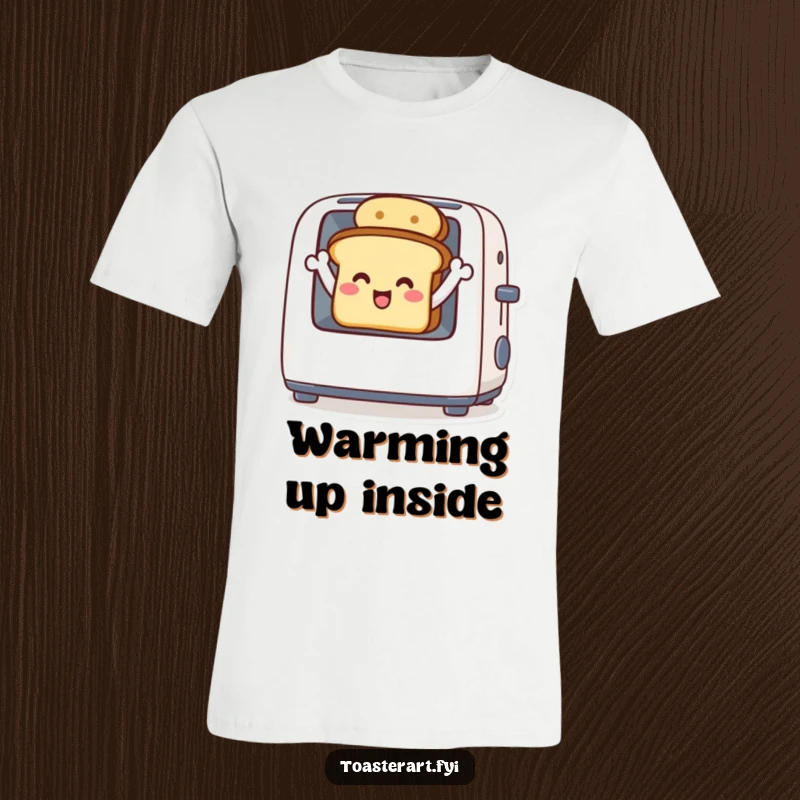 Funny t-shirt with a delighted toast character waving from inside a toaster, a fun and happy graphic.