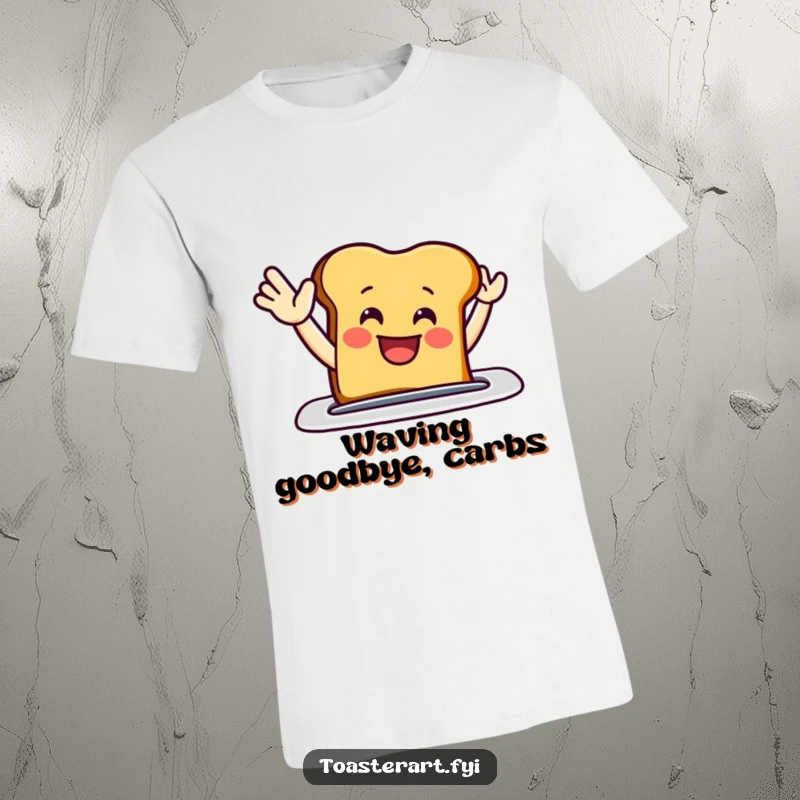 Funny t-shirt showcasing a grinning toast slice enthusiastically waving from a toaster slot, a fun and friendly breakfast design.