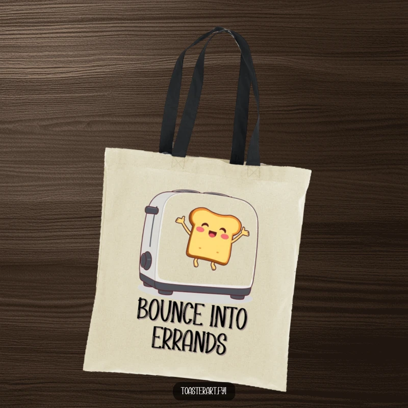 Funny tote bag featuring a delighted bread slice character actively bouncing on a toaster lever, a lively and humorous accessory.