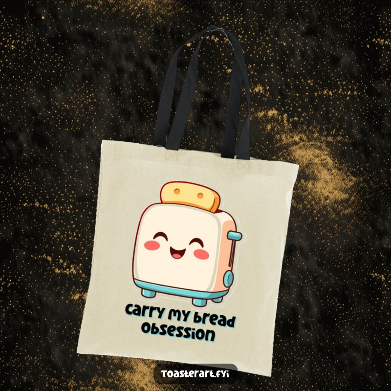 Funny toaster tote bag showcasing a smiling toaster character glowing with pride, perfect for carrying daily essentials with humor.