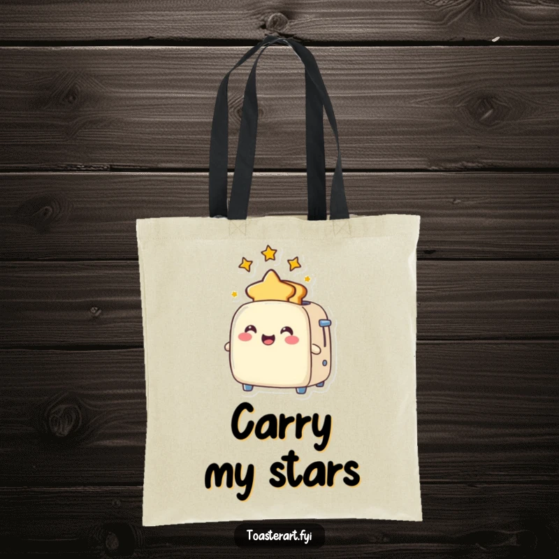 Funny Tote Bag with a joyful toaster character popping out star-shaped toast, perfect for carrying treasures with cosmic flair.