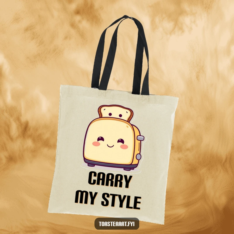 Funny tote bag featuring a smiling toaster character wearing toast as a hat, a chic and humorous accessory for daily use.