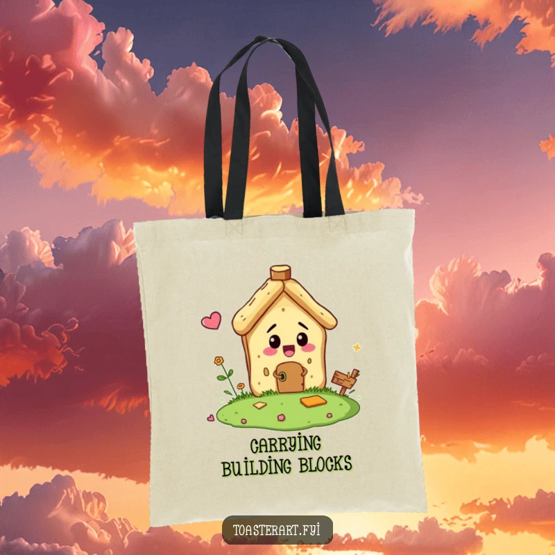 Funny tote bag design showcasing a bread crumb character comically trying to build a miniature house, ideal for errands and creative pursuits.