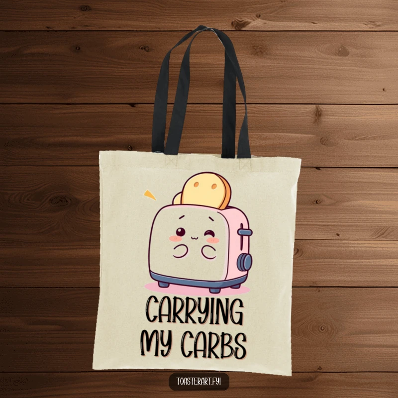 Funny tote bag with a whimsical toaster character playing with bread, perfect for carrying daily items with a breakfast theme.