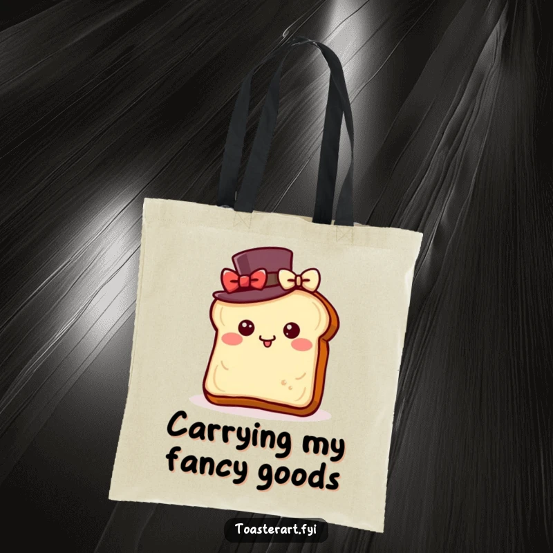 Funny tote bag with a toast slice wearing a top hat, bowing with delight, ideal for carrying essentials with sophisticated humor.