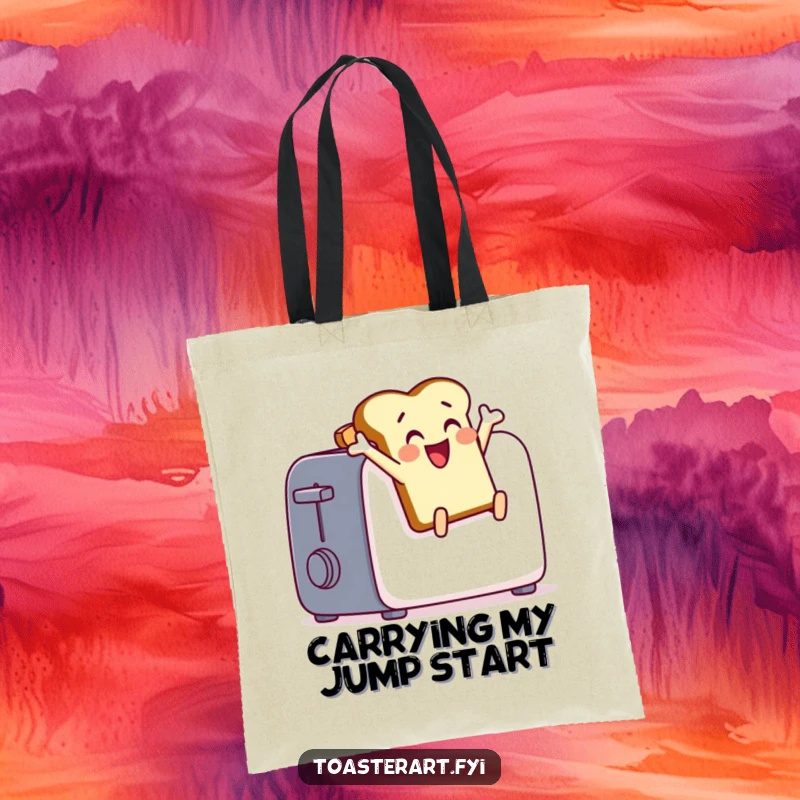Funny toast character leaping from a toaster on a tote bag, a humorous and functional accessory.