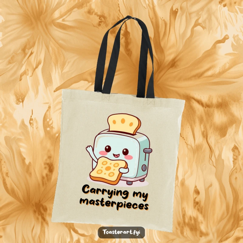 Funny tote bag with a cheerful toaster character creating art by toasting patterns onto bread, ideal for carrying essentials with artistic flair.