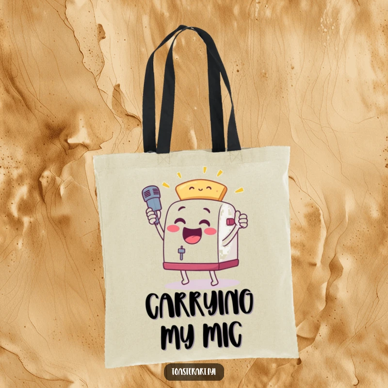 Funny, excited toaster character in a mic drop pose with toast, on a tote bag, perfect for carrying victory and essentials.