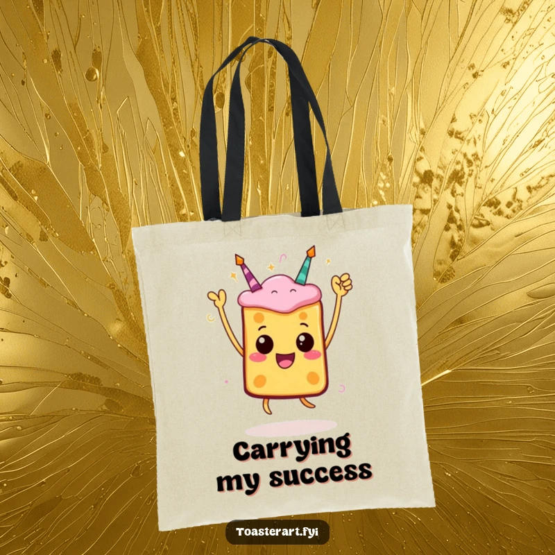 Funny toast tote bag with a character jumping in a celebratory pose, perfect for carrying essentials with a festive vibe.