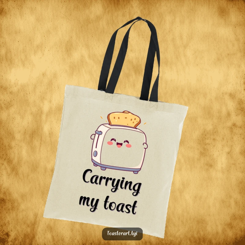 Funny tote bag showing a delighted toaster character ejecting perfectly browned toast. A practical and humorous accessory.