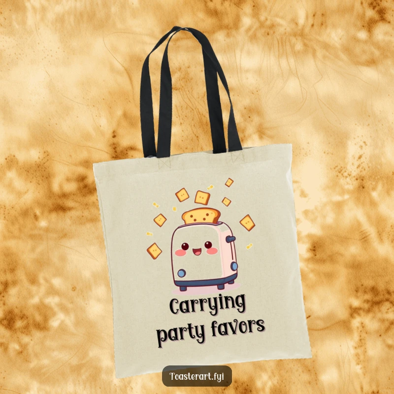 Funny cheerful toaster character ejecting toast slices like confetti, tote bag design, symbolizing fun outings and celebratory moments.