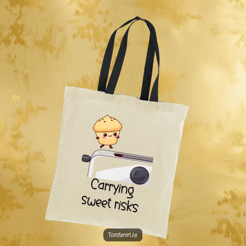 Funny kawaii muffin balancing on a toaster edge on a tote bag, a humorous and functional accessory.