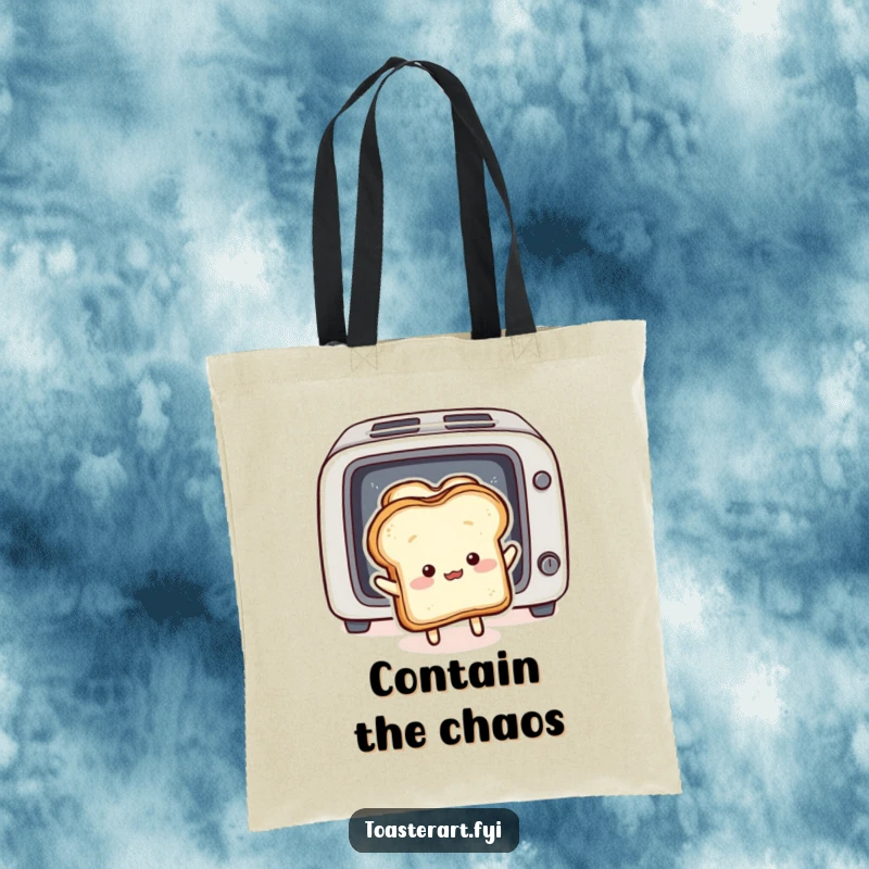 Funny Tote Bag: Fluffy bread slice character comically pushing toast back into a toaster, a humorous accessory.
