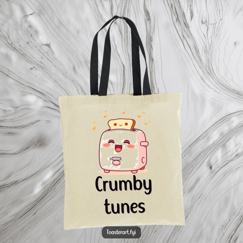 Funny tote bag featuring a happy singing toaster character with toast popping rhythmically, a musical and practical accessory.