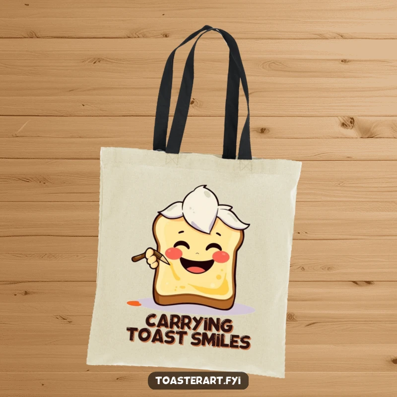 Funny Tote Bag with a joyful art brush character painting a smiley face on toast, a stylish and humorous accessory for artists.