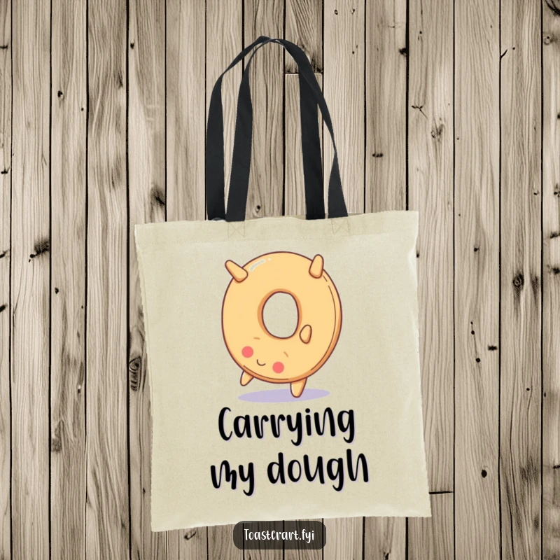 Funny tote bag showcasing a smiling bagel performing a backward somersault, adding a playful and humorous touch to everyday carrying.