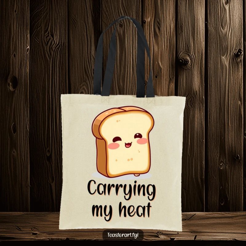 Funny tote bag showing a blushing bread slice character comically attempting to toast itself. A quirky and humorous accessory.