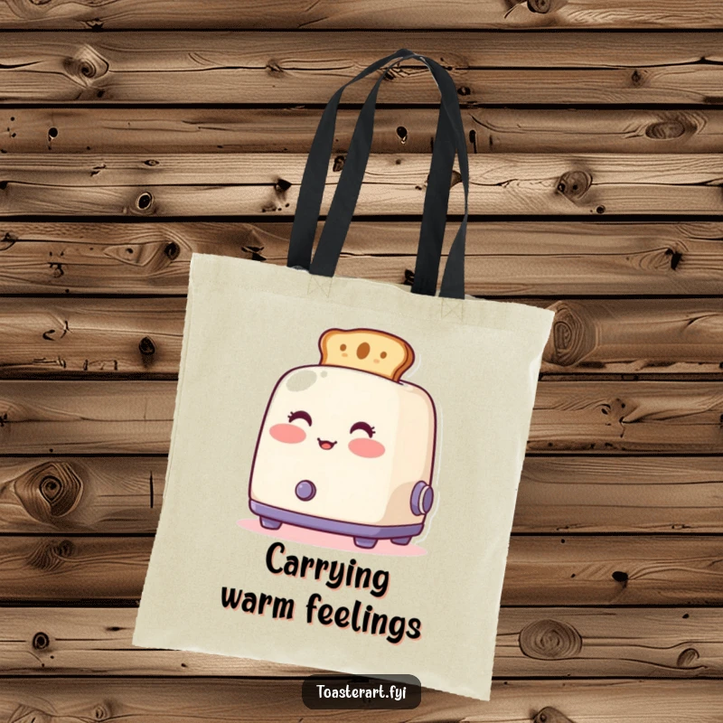 Funny blushing toaster tote bag, showcasing artistic toast popping out, a charming and humorous shopping companion.