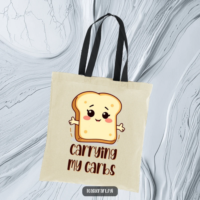 Funny bread slice tote bag with a winking character riding a piece of toast, perfect for carrying essentials with a breakfast theme.