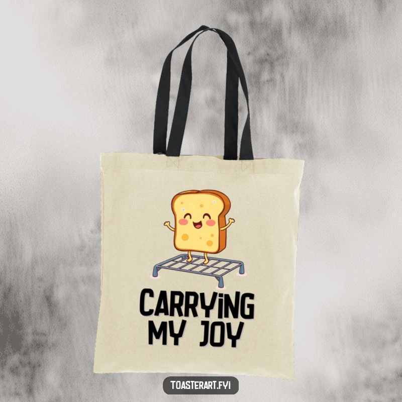 Funny tote bag with a cheerful toast character doing a jig on a toasting rack, great for carrying essentials with morning spirit.