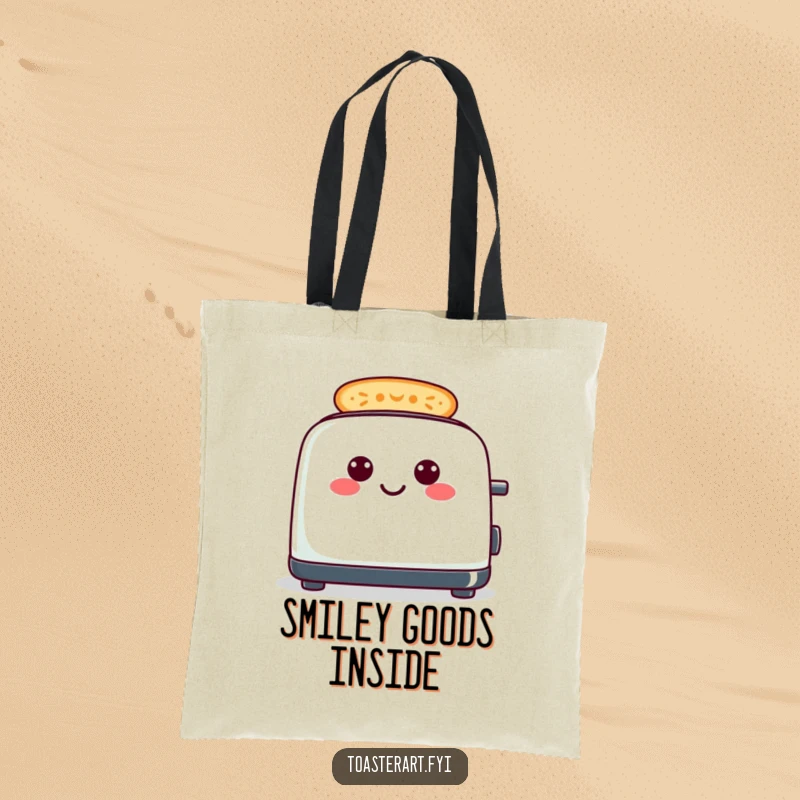 Funny cheerful toaster tote bag, making smiley toast patterns, a humorous and useful accessory.