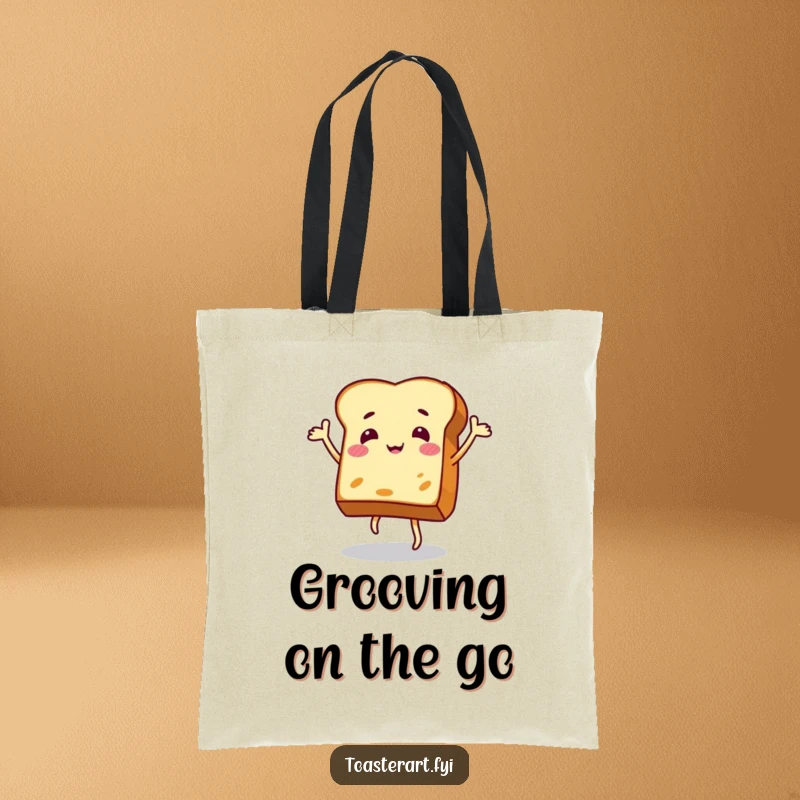 Funny tote bag featuring a jovial toast slice in mid-dance, ready to carry your essentials with a smile.