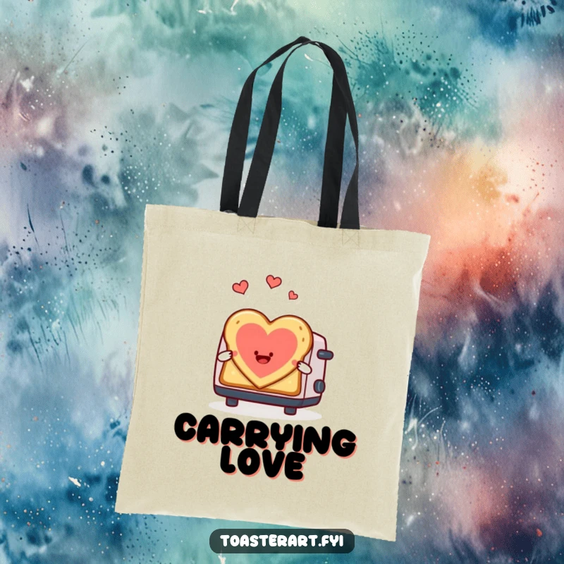 Funny tote bag with a toaster character making heart-shaped toast art, a charming and useful accessory for spreading love.