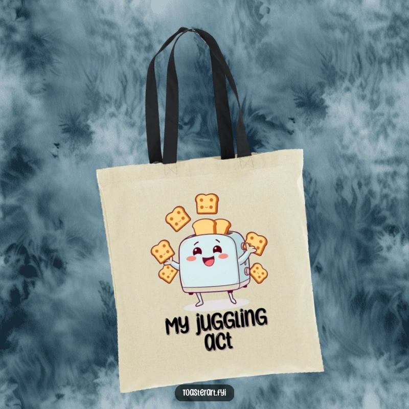 Funny tote bag showing a giggling toaster character juggling multiple bread slices. A quirky and humorous accessory.